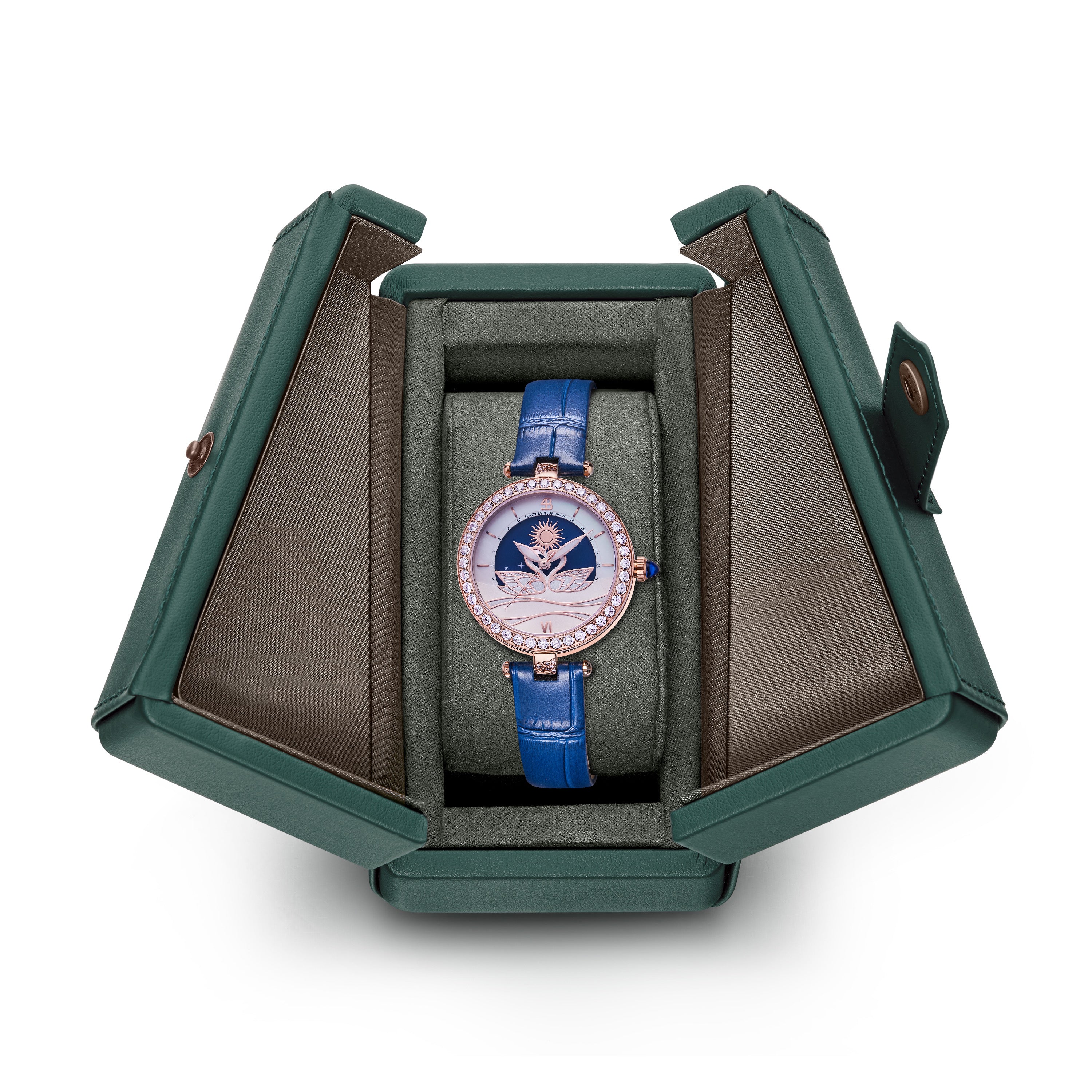 Swan Lovers 34mm Blue Moon Phase Dial Leather Strap Watch