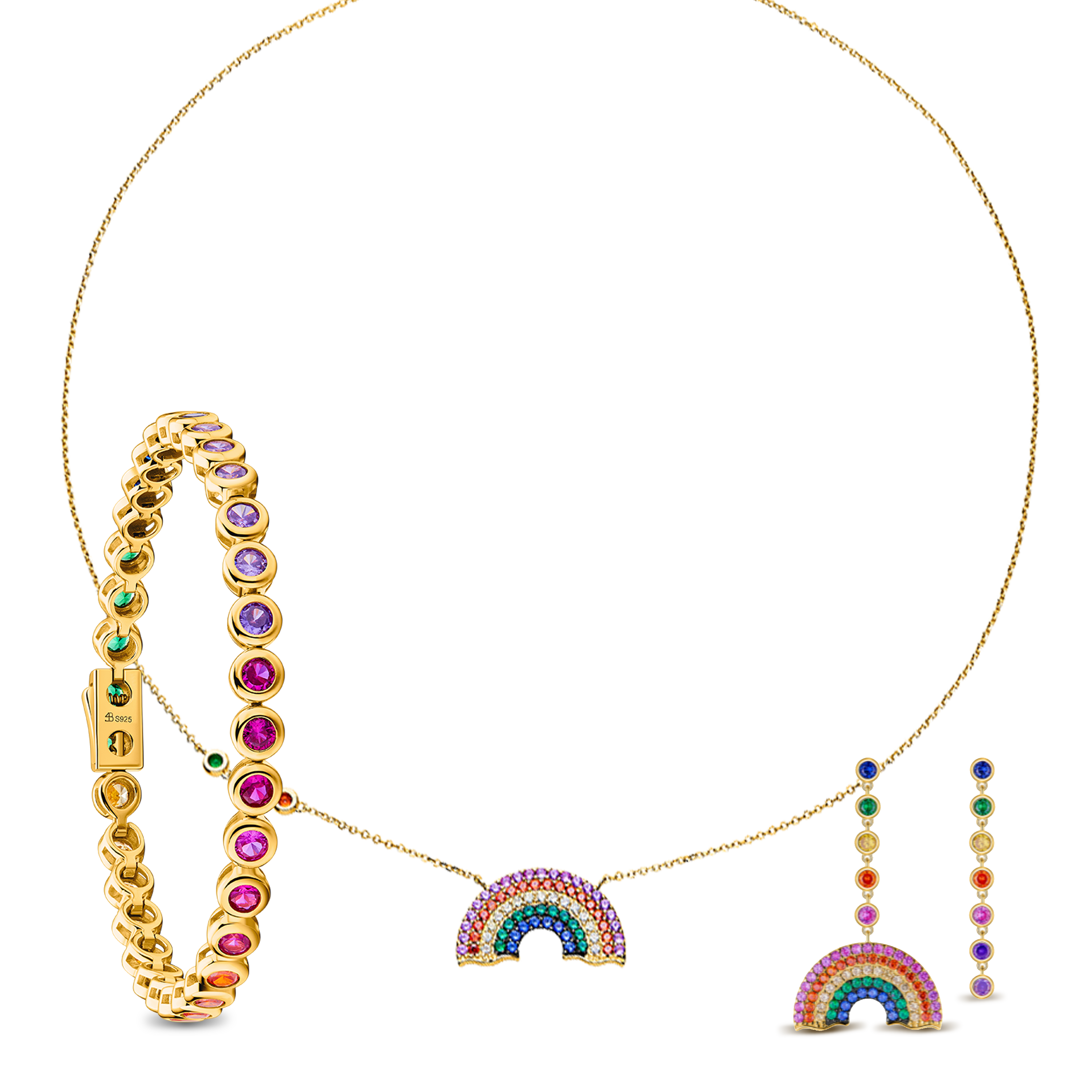 Love Wins Rainbow Zirconia Gold Chain Necklace & Tennis Bracelet & Asymmetric Drop Earrings - BLACK BY BLUE BRAVE
