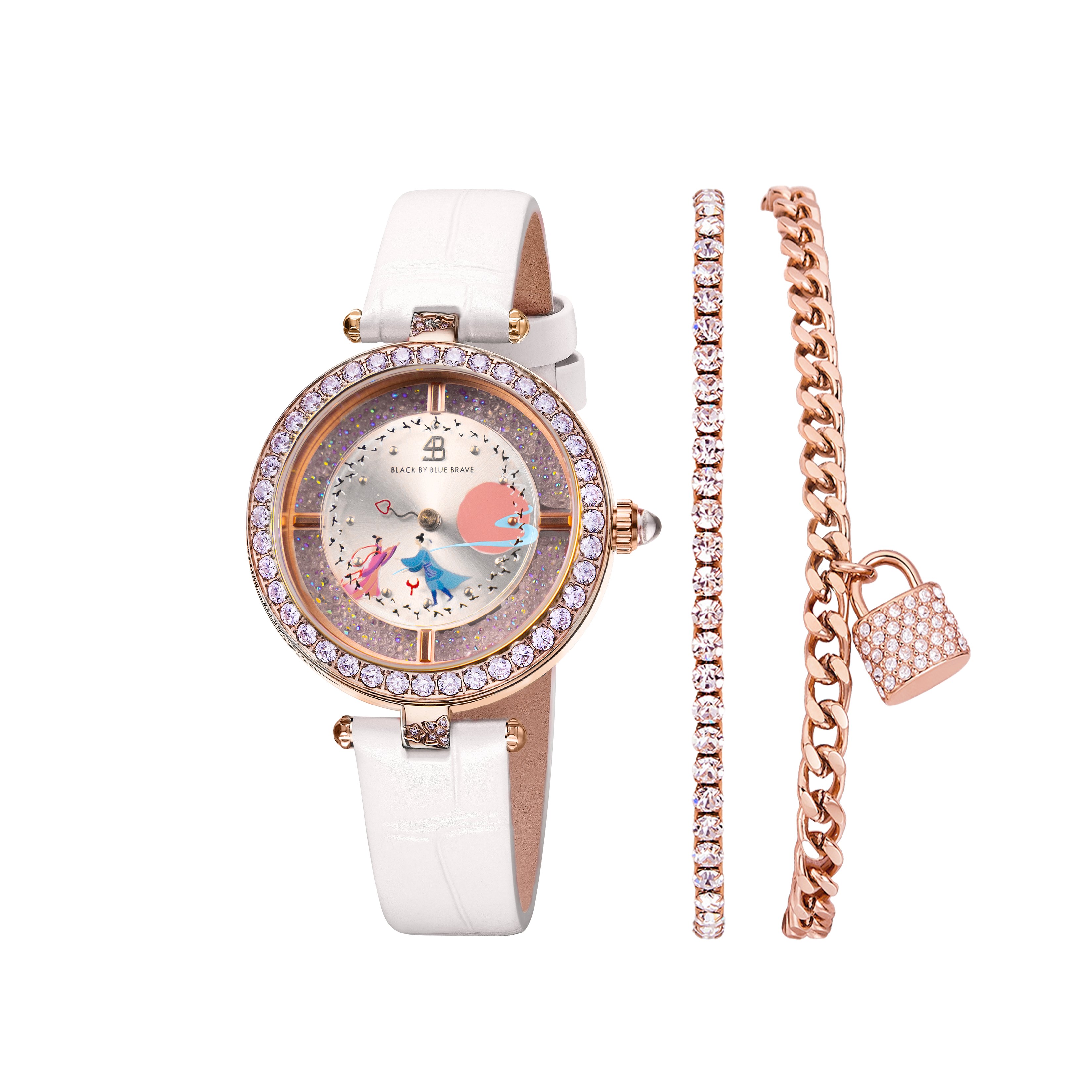 Cowherd and Weaver Girl 34mm White Dial Magpies Bridge Genuine Leather Strap Watch  (One Watch & Two Bracelet) - BLACK BY BLUE BRAVE