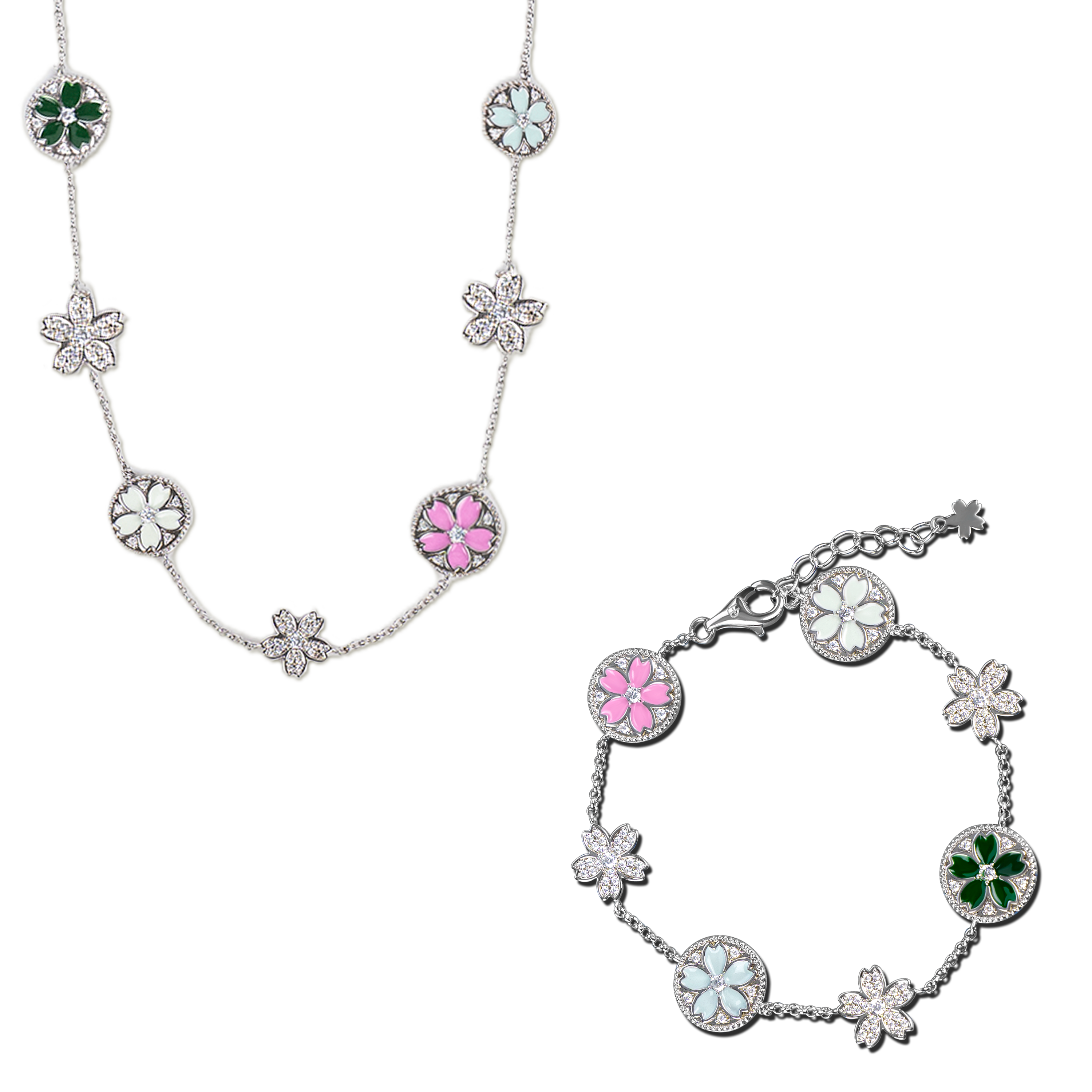 Cherry Blossom Symphony Enamel 14-Flower Sakura Silver Necklace & Enamel 7-Flower Silver Bracelet - BLACK BY BLUE BRAVE