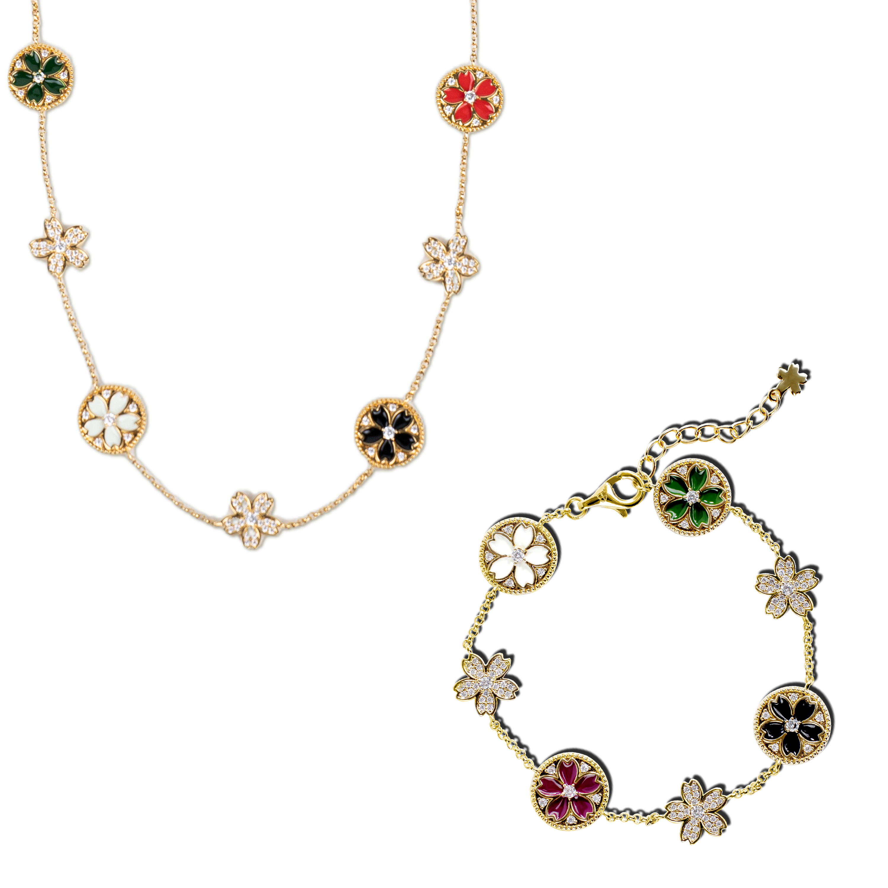Cherry Blossom Symphony Enamel 14-Flower Sakura Gold Necklace & Enamel 7-Flower Gold Bracelet - BLACK BY BLUE BRAVE