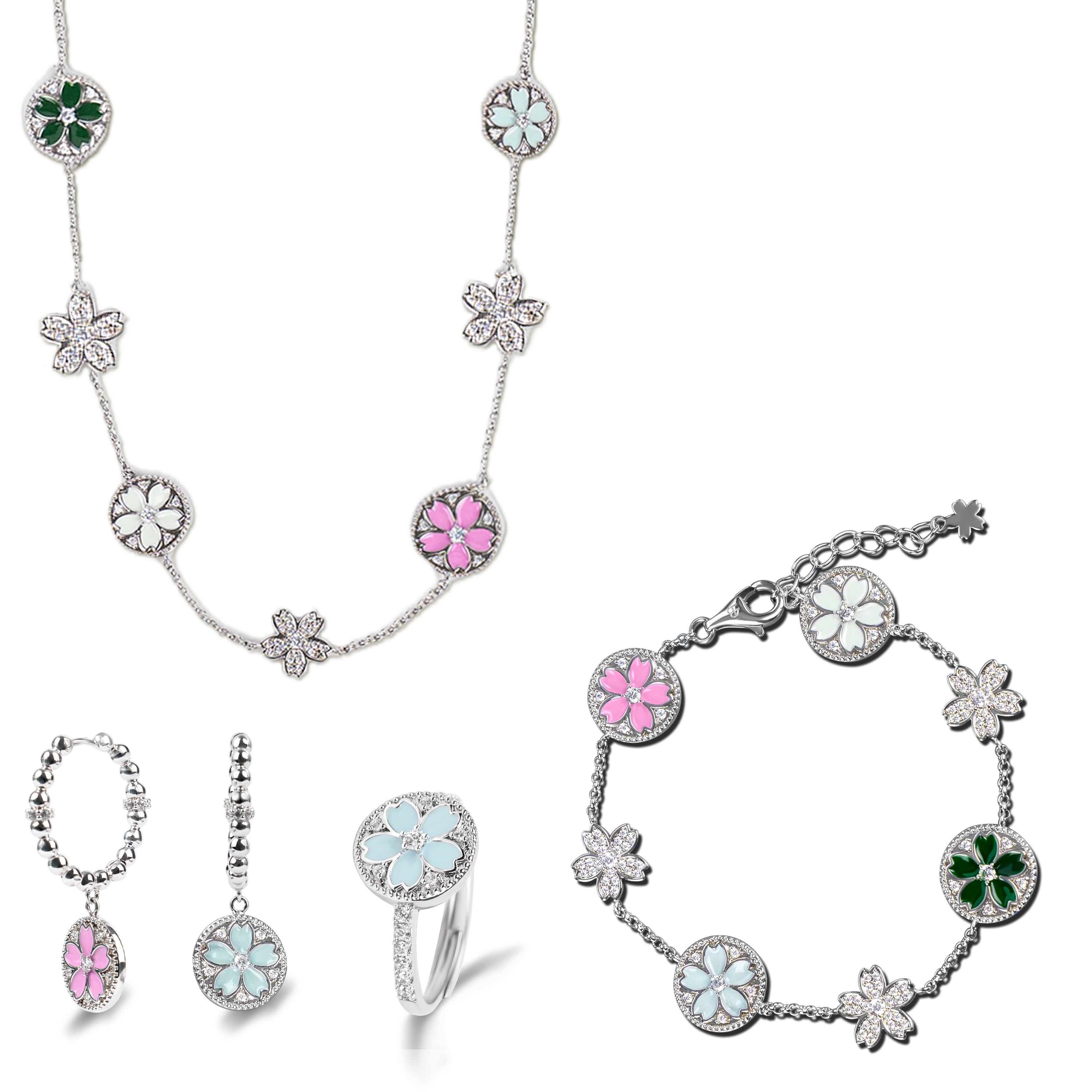 Cherry Blossom Symphony Enamel Sakura Silver Jewelleries (Necklace & Bracelet & Earrings & Rings) - BLACK BY BLUE BRAVE