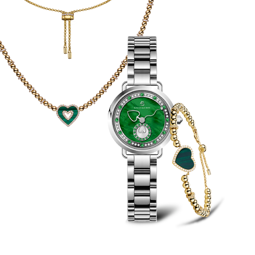 Silver Cupid Watch With Love Heart Malachite Jewelleries (Bracelet+Necklace)