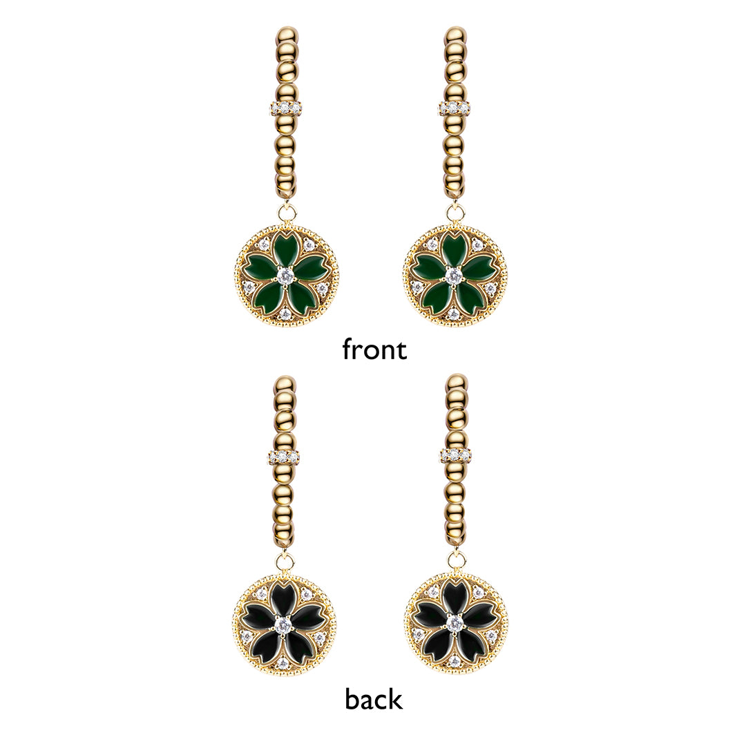 Cherry Blossom Symphony Green & Black Enamel Gold Earrings (18K Gold Plated)