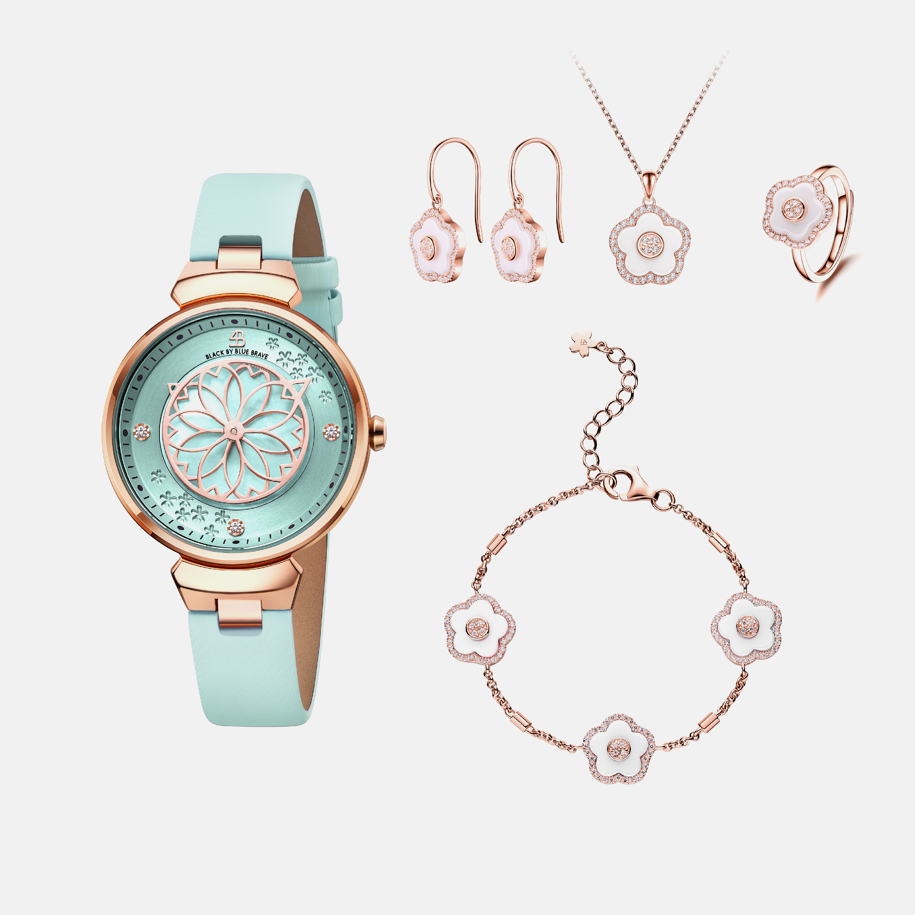 BLUE CHERRY BLOSSOM WATCH WITH FLOWER CERAMIC  JEWELLERIES（EARRINGS & BRACELET & NECKLACE & RING）