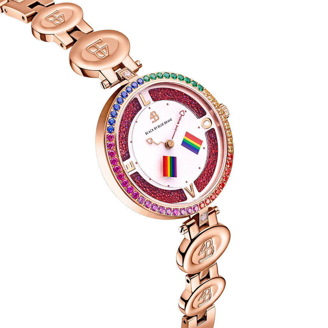 Love Wins 34mm Pink Dial Moving Rainbow Flag Rose Gold Bracelet Watch - BLACK BY BLUE BRAVE