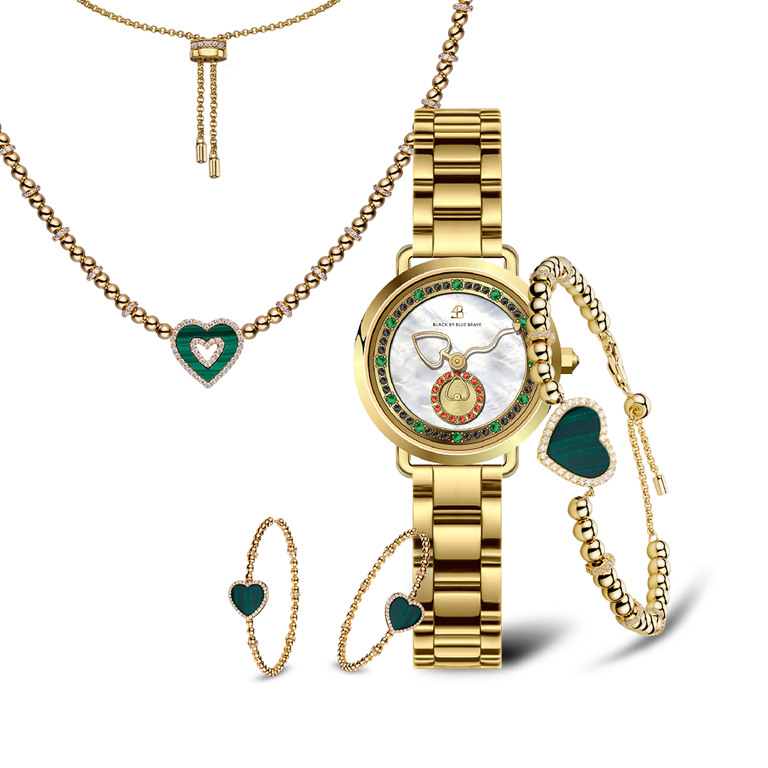 Gold Cupid Watch With Love Heart Malachite Jewelleries (Bracelet+Earrings+Necklace)