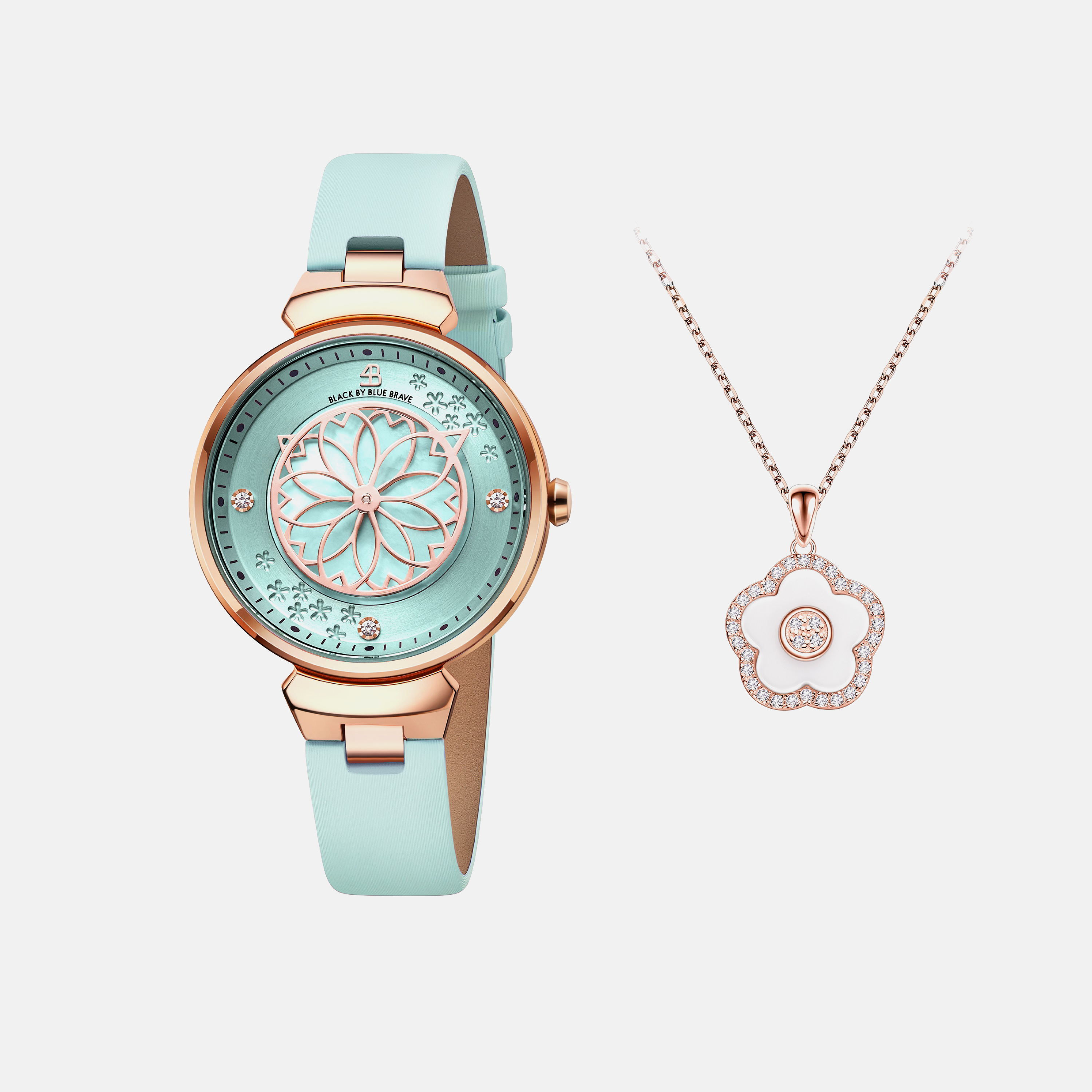 BLUE CHERRY BLOSSOM WATCH WITH FLOWER CERAMIC NECKLACE