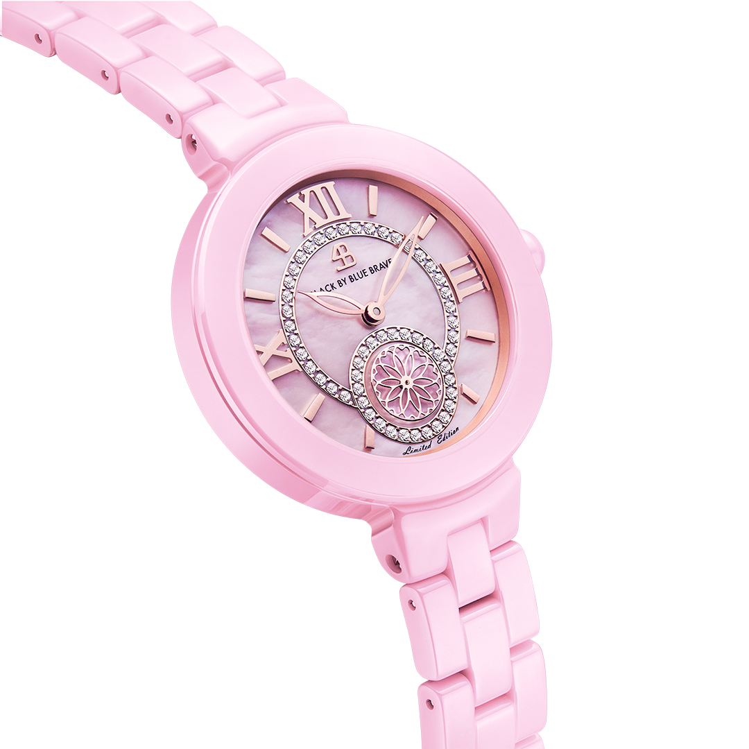 Cherry Blossom 34mm Pink Mother Of Pearl Dial Roma Numeral Ceramic Watch