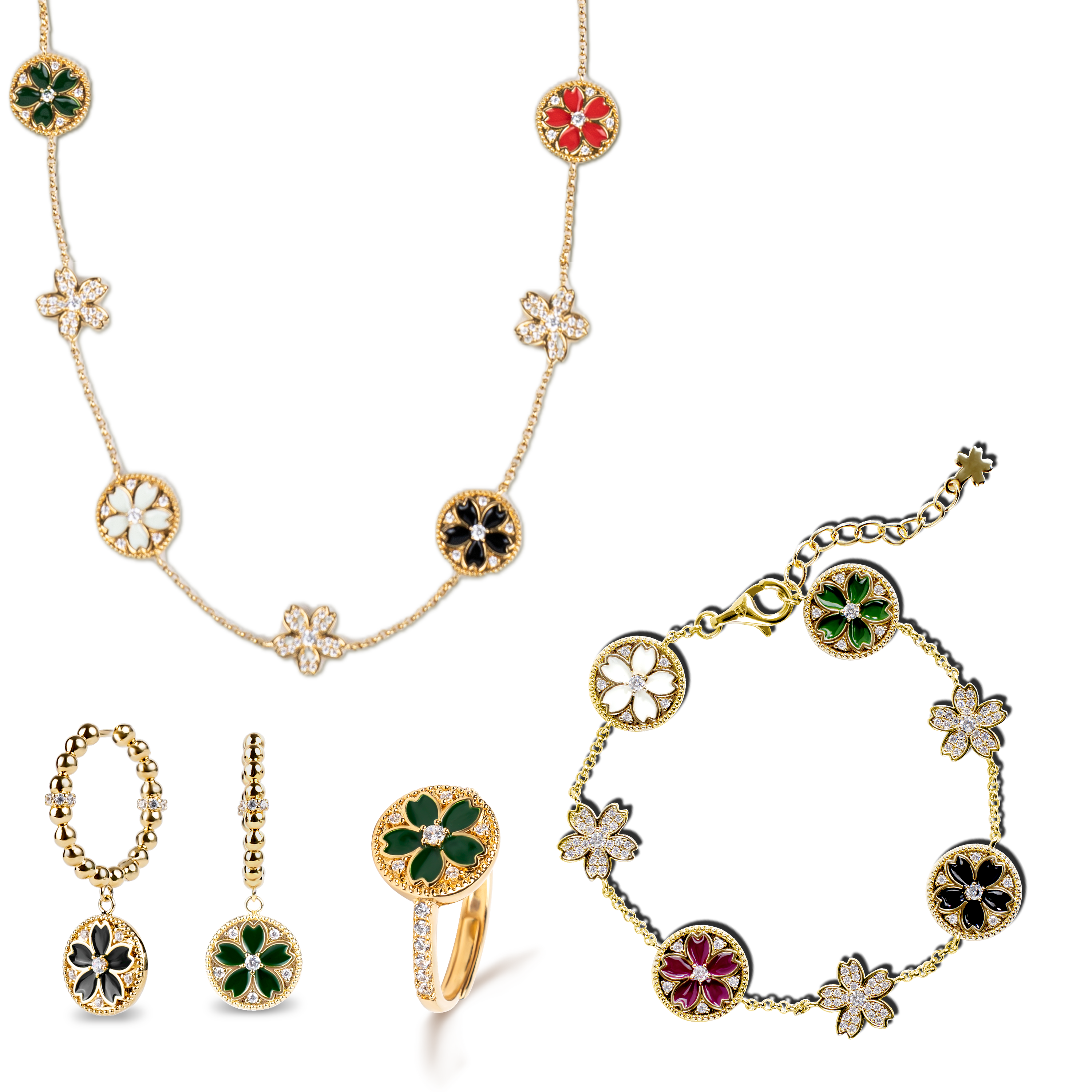 Cherry Blossom Symphony Enamel Sakura Gold Jewelleries (Necklace & Bracelet & Earrings & Rings) - BLACK BY BLUE BRAVE