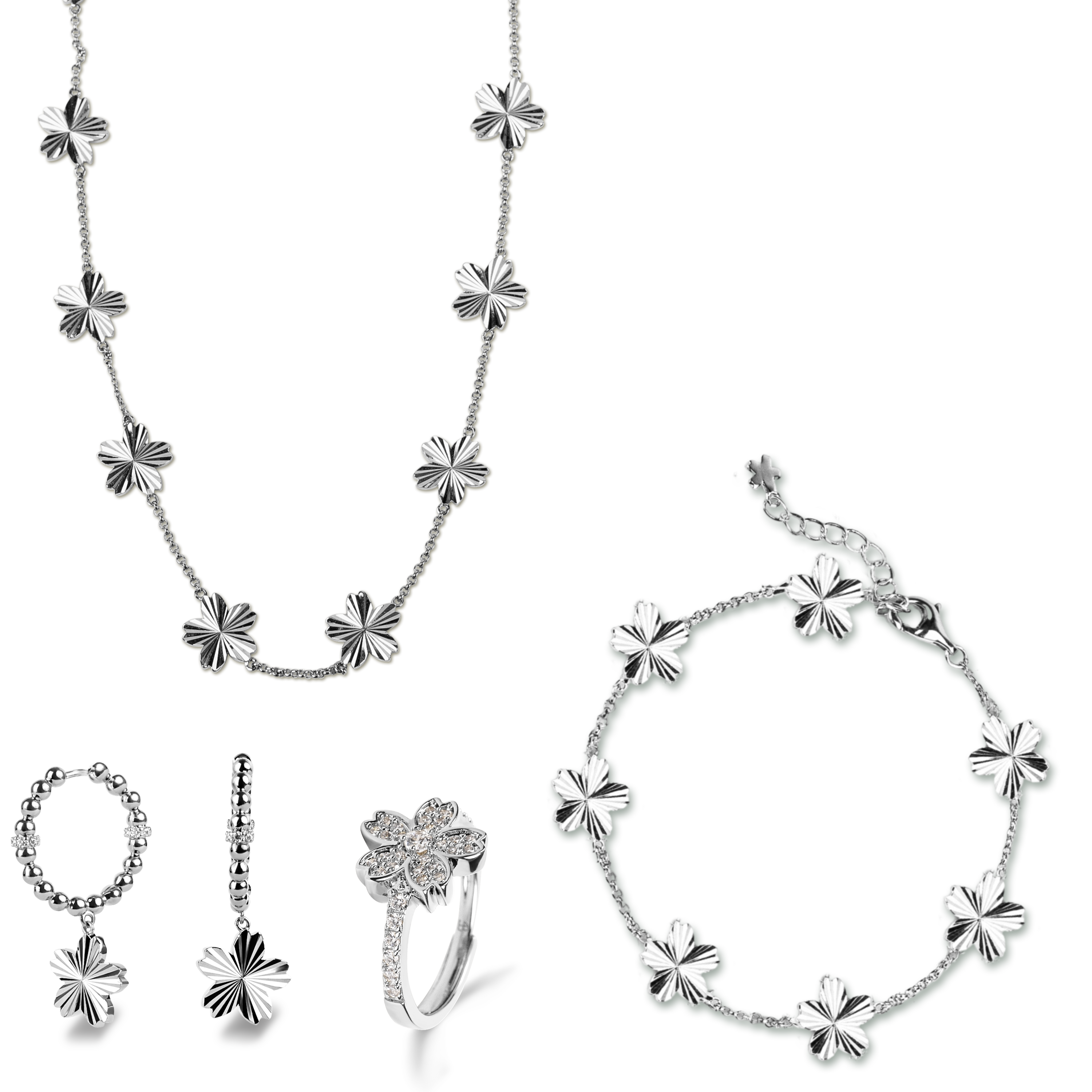 Cherry Blossom Gleam Shine Light Sakura Silver Jewelleries (Necklace & Bracelet & Earrings & Rings) - BLACK BY BLUE BRAVE