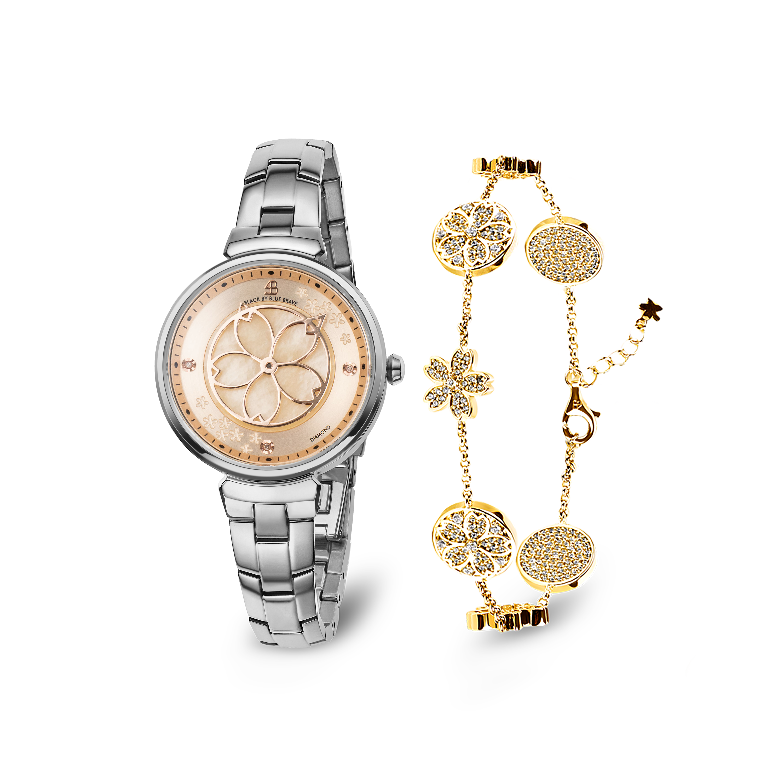 Champagne Cherry Blossom Silver Bracelet Watch With Gold Cherry Blossom Symphony Bracelet - BLACK BY BLUE BRAVE