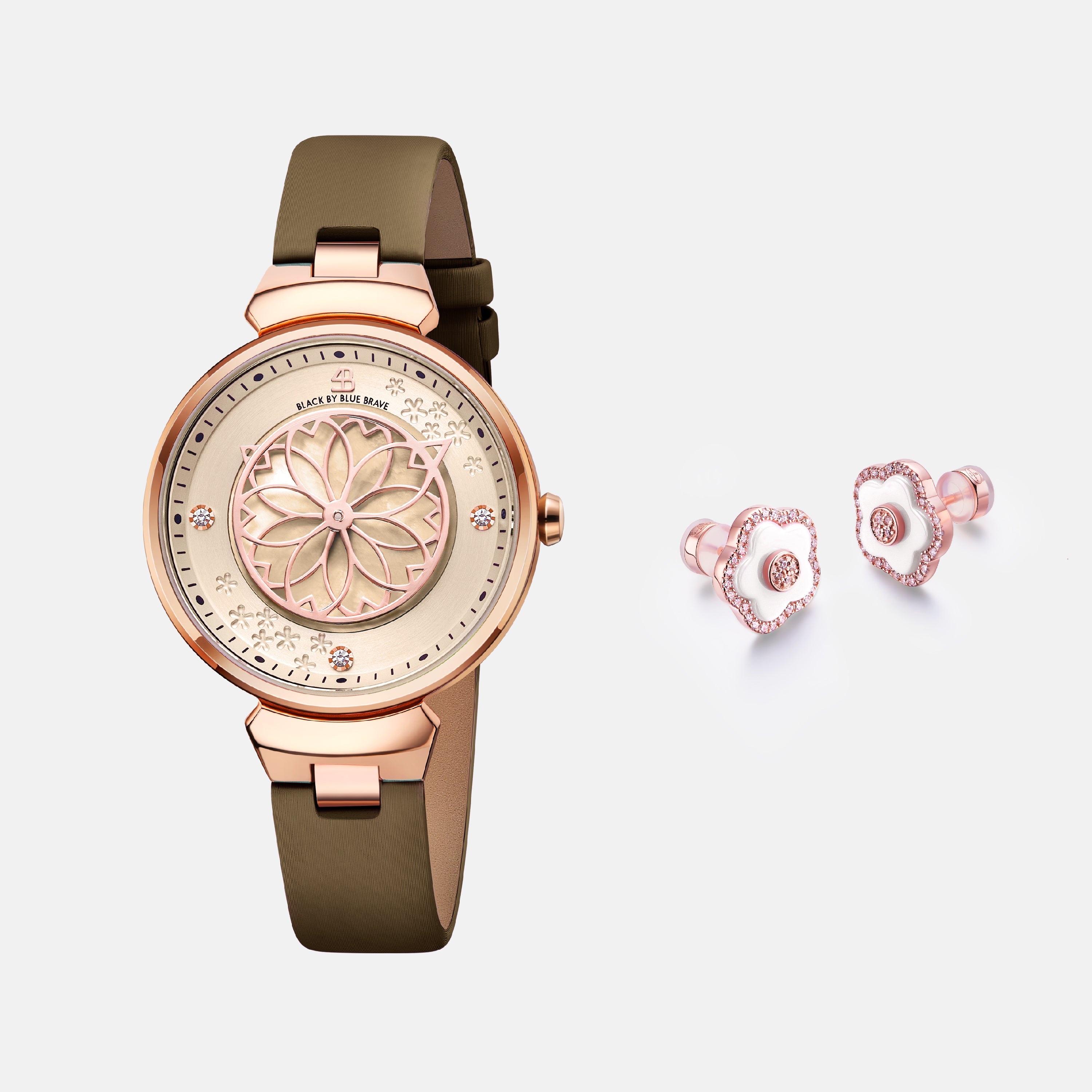 CHAMPAGNE CHERRY BLOSSOM WATCH & FLOWER CERAMIC EARRINGS