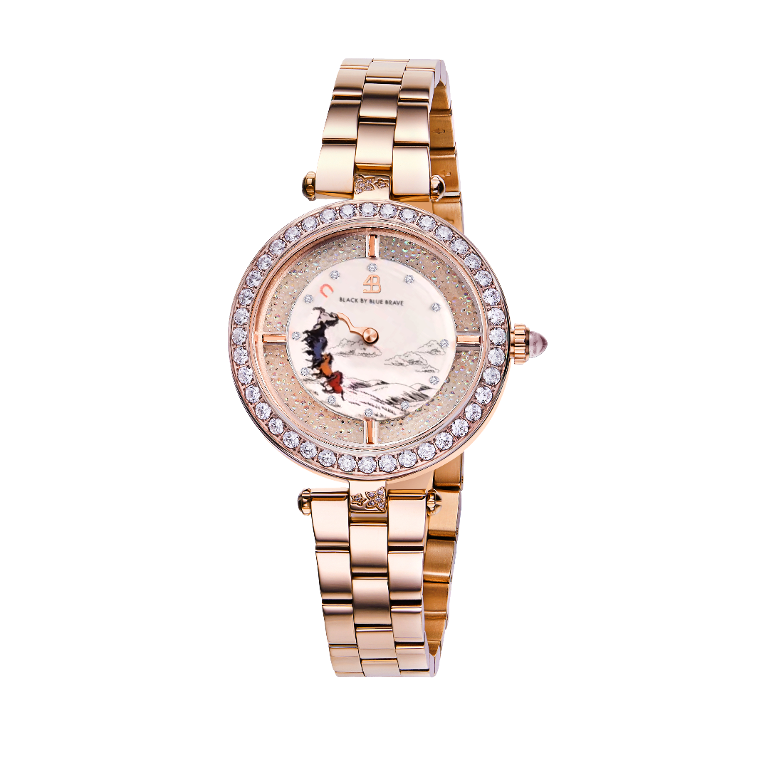 The Companions 34mm White Dial Moving Horse Rose Gold Bracelet Watch - BLACK BY BLUE BRAVE
