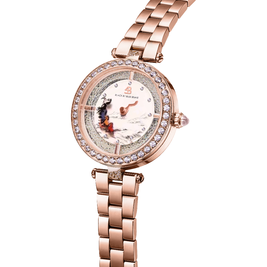 The Companions 34mm White Dial Moving Horse Rose Gold Bracelet Watch - BLACK BY BLUE BRAVE