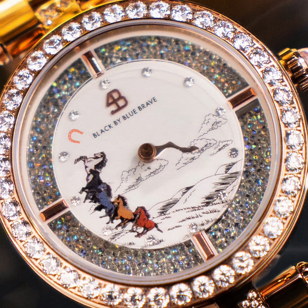 The Companions 34mm White Dial Moving Horse Rose Gold Bracelet Watch - BLACK BY BLUE BRAVE