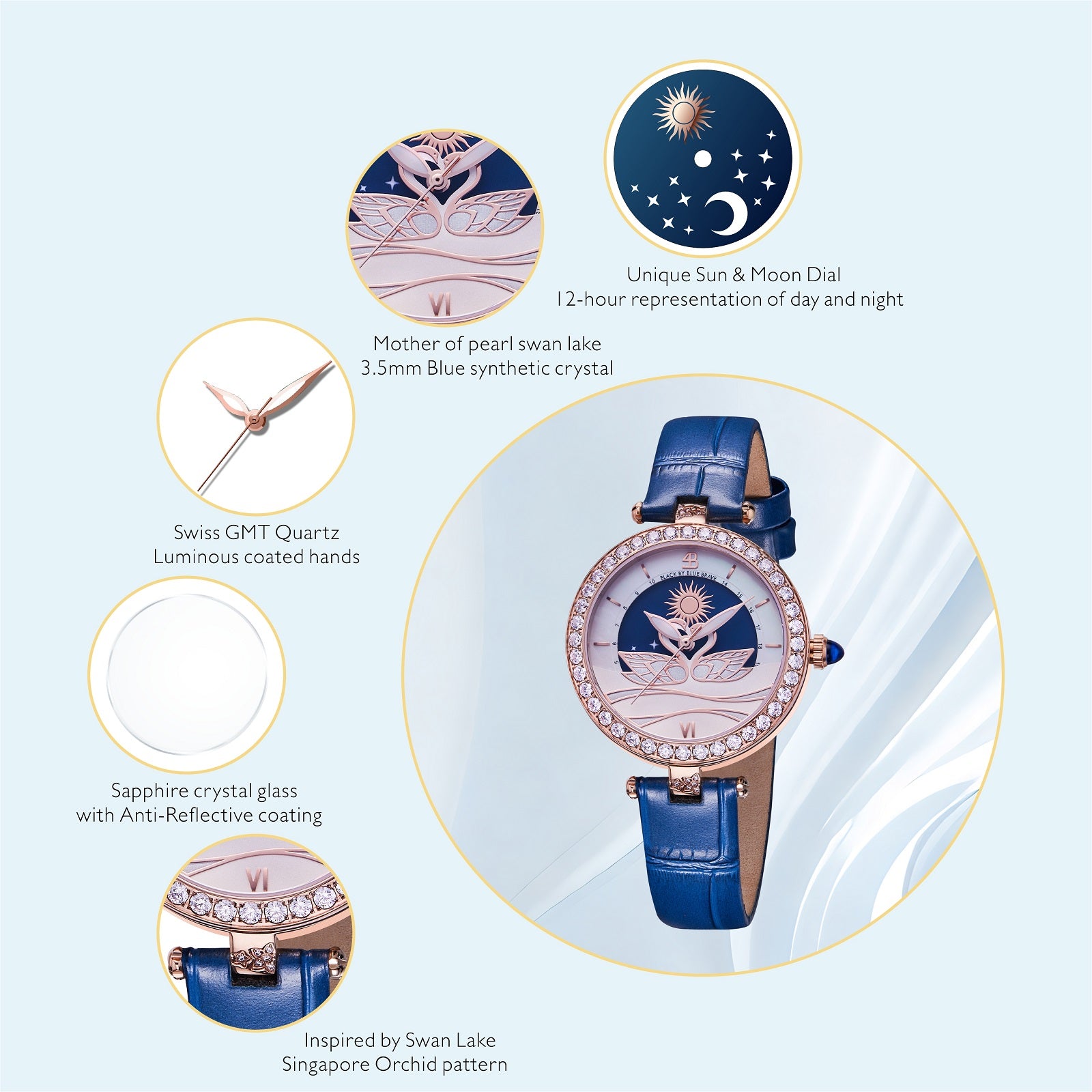 Swan Lovers 34mm Blue Moon Phase Dial Leather Strap Watch