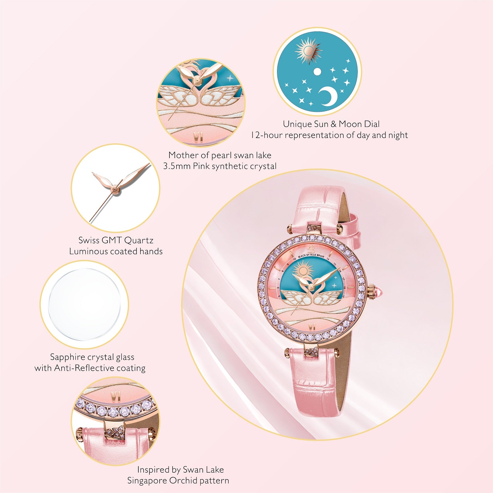 Swan Lovers 34mm Pink Moon Phase Dial Leather Strap Watch