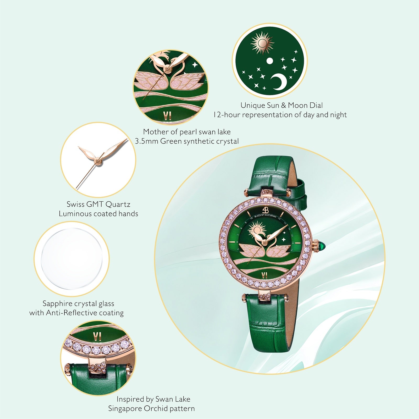Swan Lovers 34mm Green Moon Phase Dial Leather Strap Watch