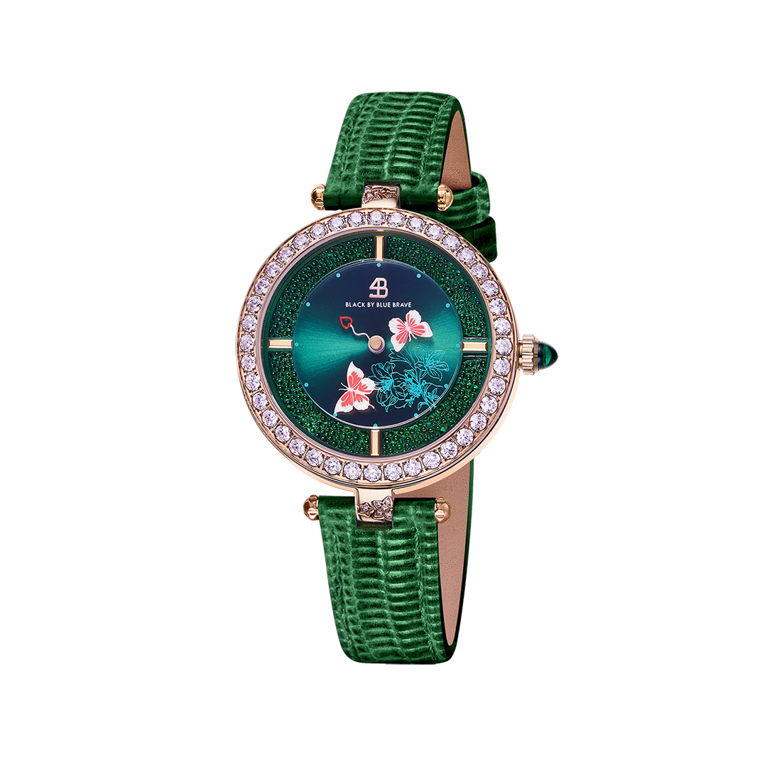 Butterfly Lovers 34mm Green Dial Moving Butterfly Hands Leather Strap Watch