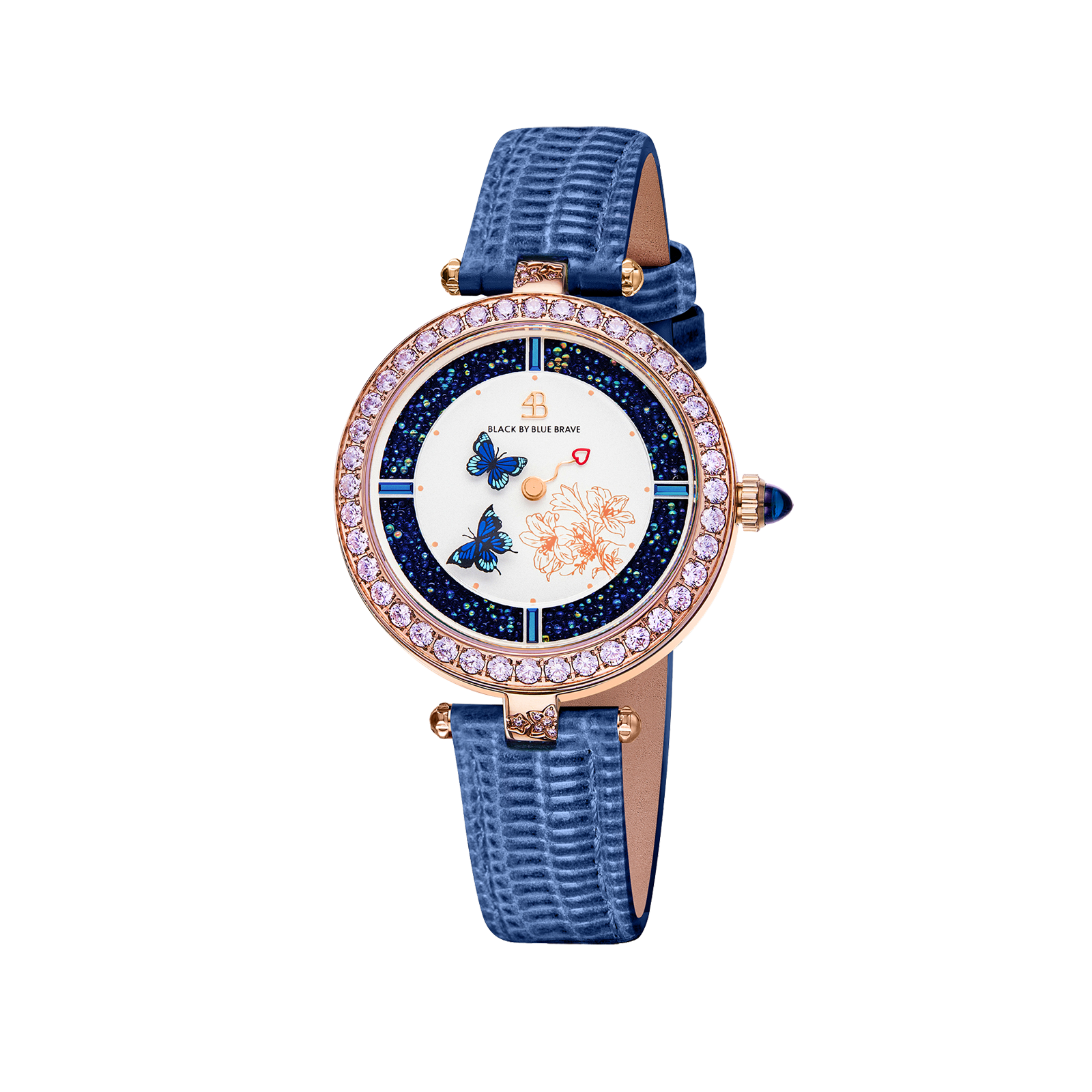 Butterfly Lovers 34mm Blue Dial Moving Butterfly Hands Leather Strap Watch