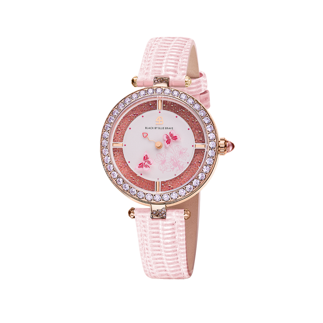 Butterfly Lovers 34mm Pink Dial Moving Butterfly Hands Leather Strap Watch