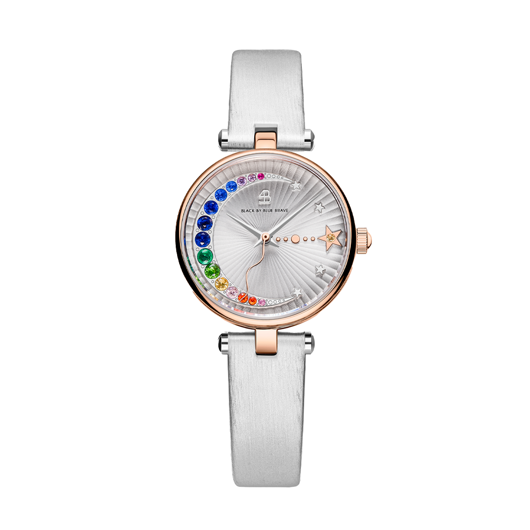 Crescent Moon 28mm Ivory Dial Rainbow Cubic Zirconia Satin Leather Strap Watch