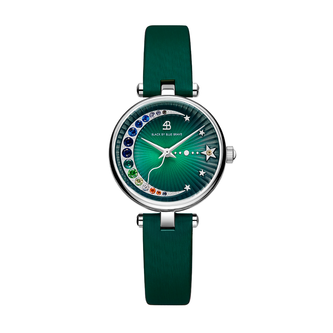 Crescent Moon 28mm Green Dial Rainbow Cubic Zirconia Satin Leather Strap Watch