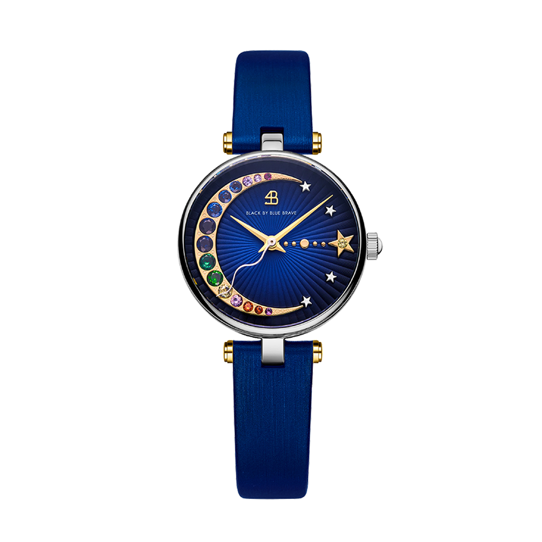 Crescent Moon 28mm Blue Dial Rainbow Cubic Zirconia Satin Leather Strap Watch