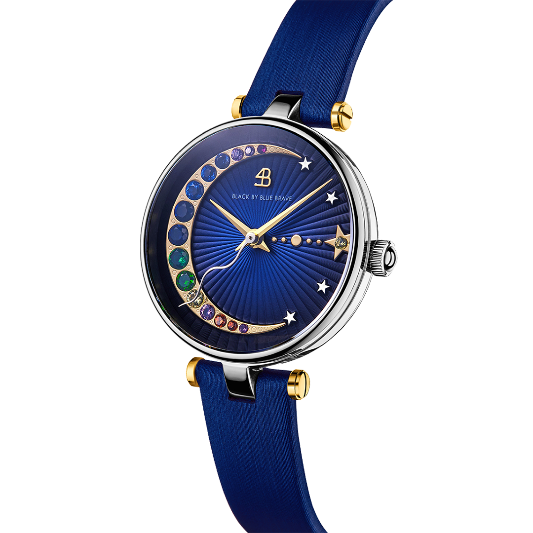 Crescent Moon 28mm Blue Dial Rainbow Cubic Zirconia Satin Leather Strap Watch