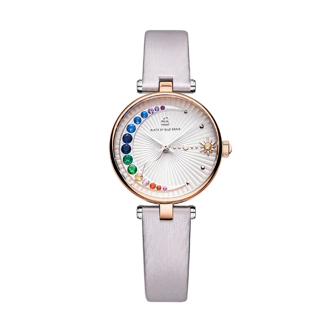 Crescent Moon 28mm Ivory Dial Rainbow Cubic Zirconia Satin Leather Strap Watch
