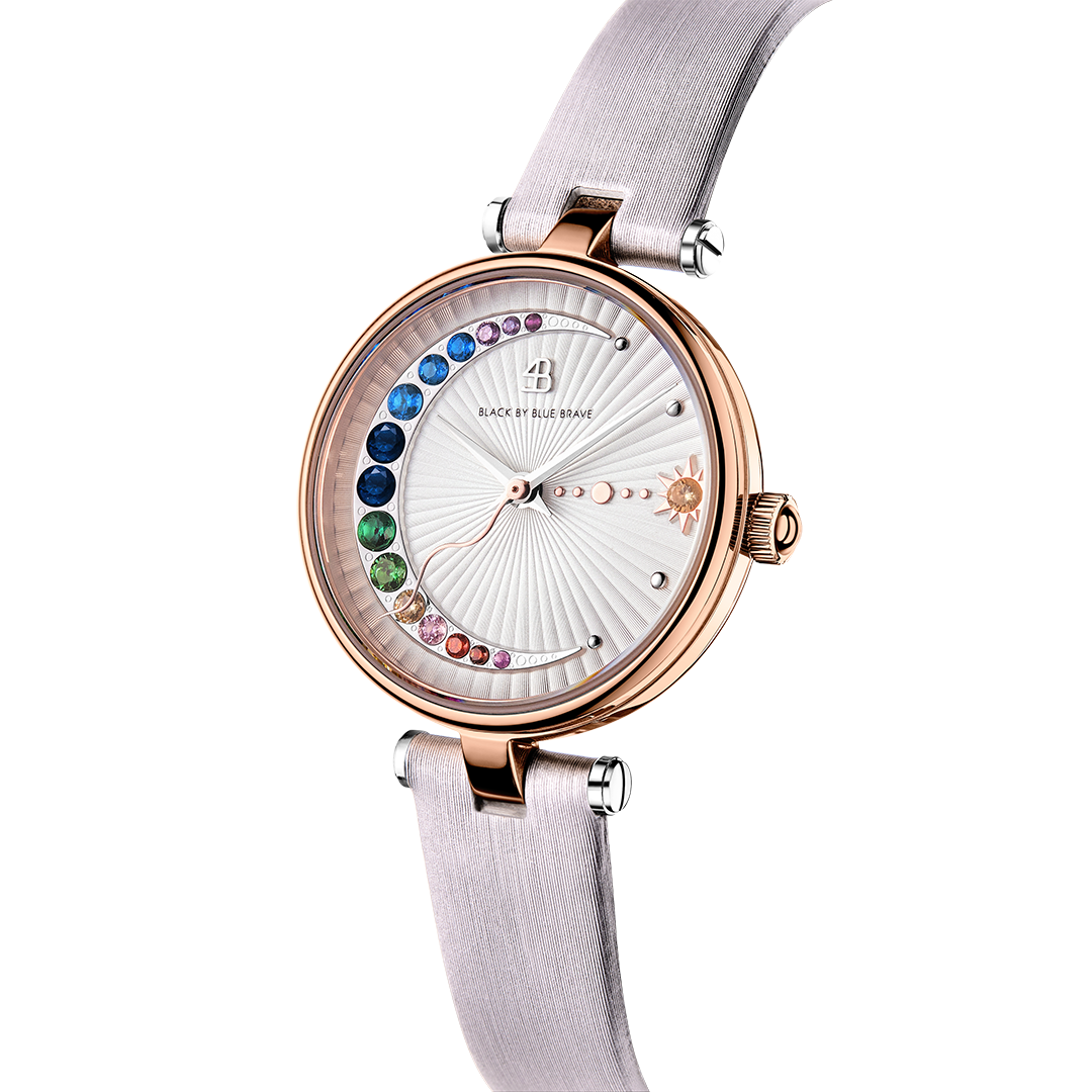 Crescent Moon 28mm Ivory Dial Rainbow Cubic Zirconia Satin Leather Strap Watch