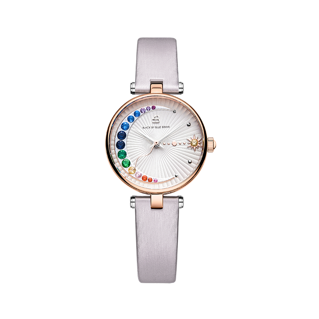 Crescent Moon 28mm White Dial Rainbow Cubic Zirconia Satin Leather Strap Watch