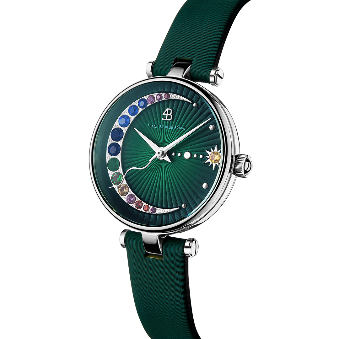 Crescent Moon 28mm Green Dial Rainbow Cubic Zirconia Satin Leather Strap Watch