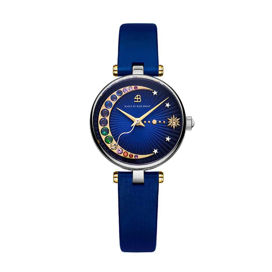 Crescent Moon 28mm Blue Dial Rainbow Cubic Zirconia Satin Leather Strap Watch