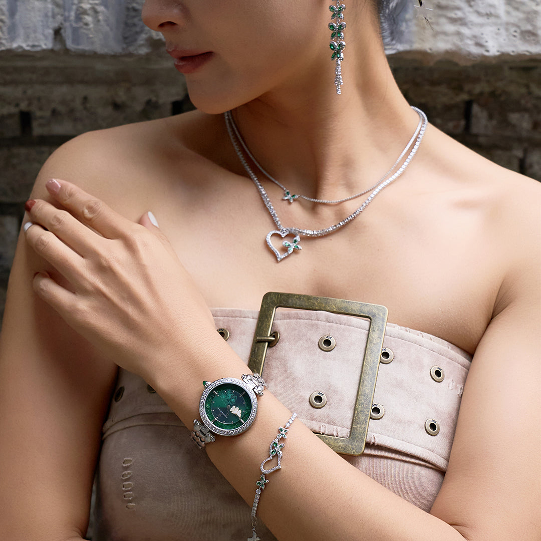 Butterfly Lovers 34mm Green Dial Moving Butterfly Hands Silver Bracelet Watch - BLACK BY BLUE BRAVE