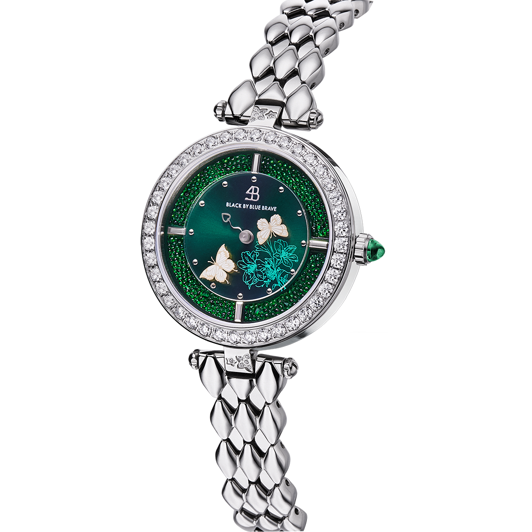 Butterfly Lovers 34mm Green Dial Moving Butterfly Hands Silver Bracelet Watch - BLACK BY BLUE BRAVE