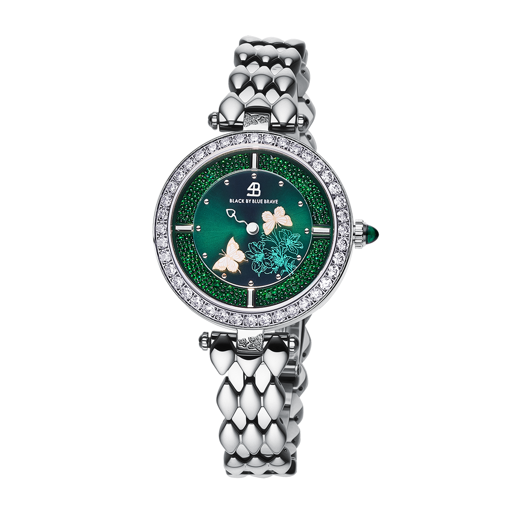 Butterfly Lovers 34mm Green Dial Moving Butterfly Hands Silver Bracelet Watch - BLACK BY BLUE BRAVE