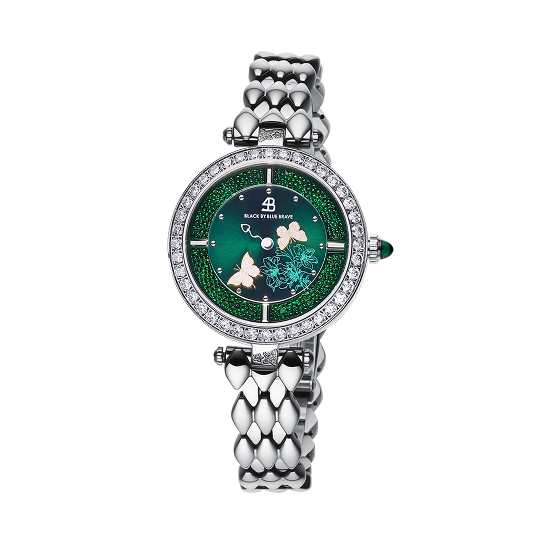 Butterfly Lovers 34mm Green Dial Moving Butterfly Hands Silver Bracelet Watch