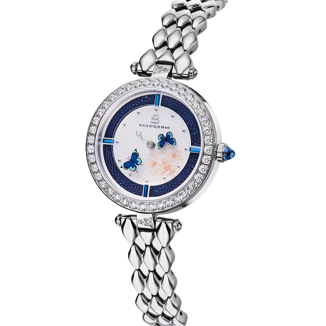 Butterfly Lovers 34mm Blue Dial Moving Butterfly Hands Silver Bracelet Watch - BLACK BY BLUE BRAVE