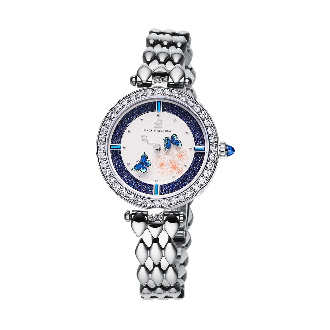 Butterfly Lovers 34mm Blue Dial Moving Butterfly Hands Silver Bracelet Watch - BLACK BY BLUE BRAVE