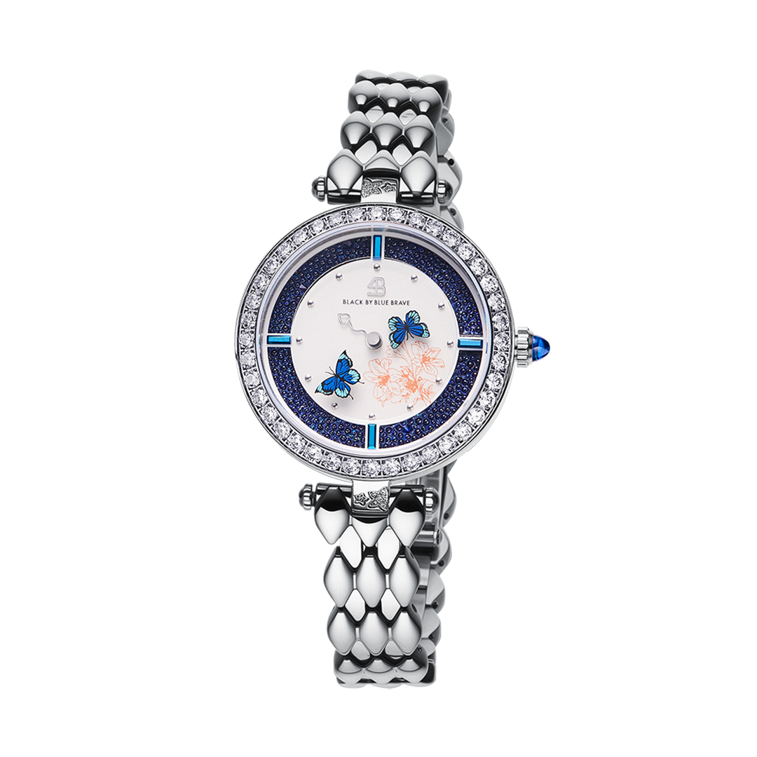 Butterfly Lovers 34mm Blue Dial Moving Butterfly Hands Silver Bracelet Watch