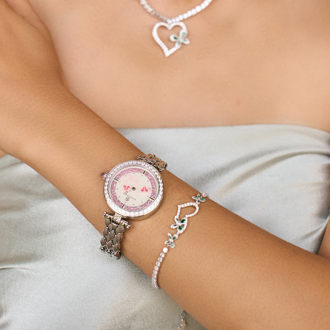 Butterfly Lovers 34mm Pink Dial Moving Butterfly Hands Silver Bracelet Watch - BLACK BY BLUE BRAVE