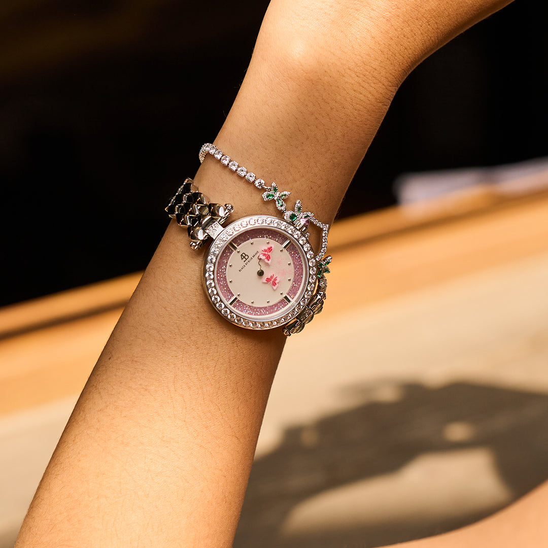 Butterfly Lovers 34mm Pink Dial Moving Butterfly Hands Silver Bracelet Watch - BLACK BY BLUE BRAVE