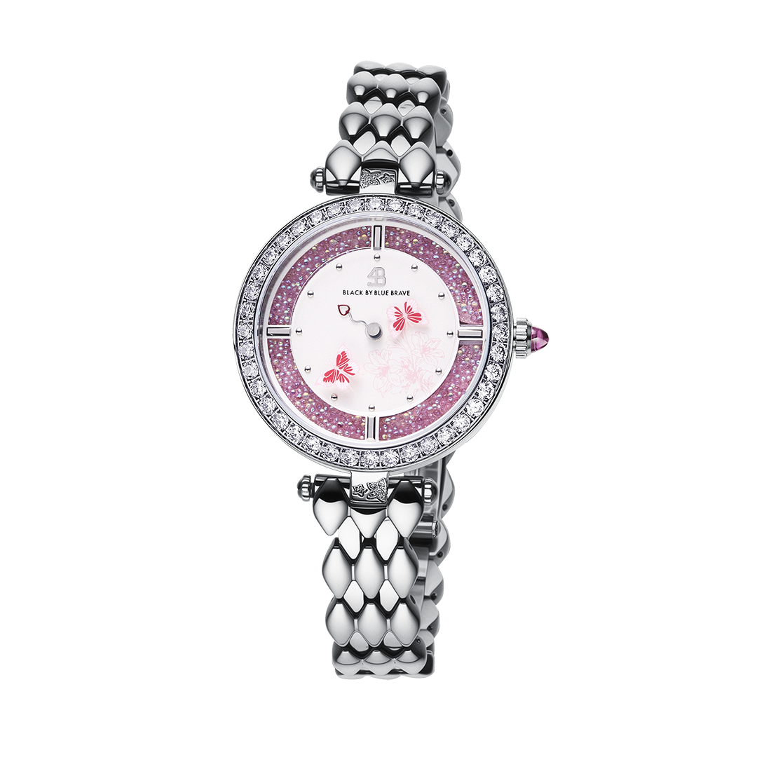 Butterfly Lovers 34mm Pink Dial Moving Butterfly Hands Silver Bracelet Watch - BLACK BY BLUE BRAVE