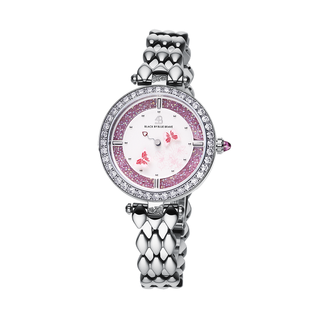 Butterfly Lovers 34mm Pink Dial Moving Butterfly Hands Silver Bracelet Watch