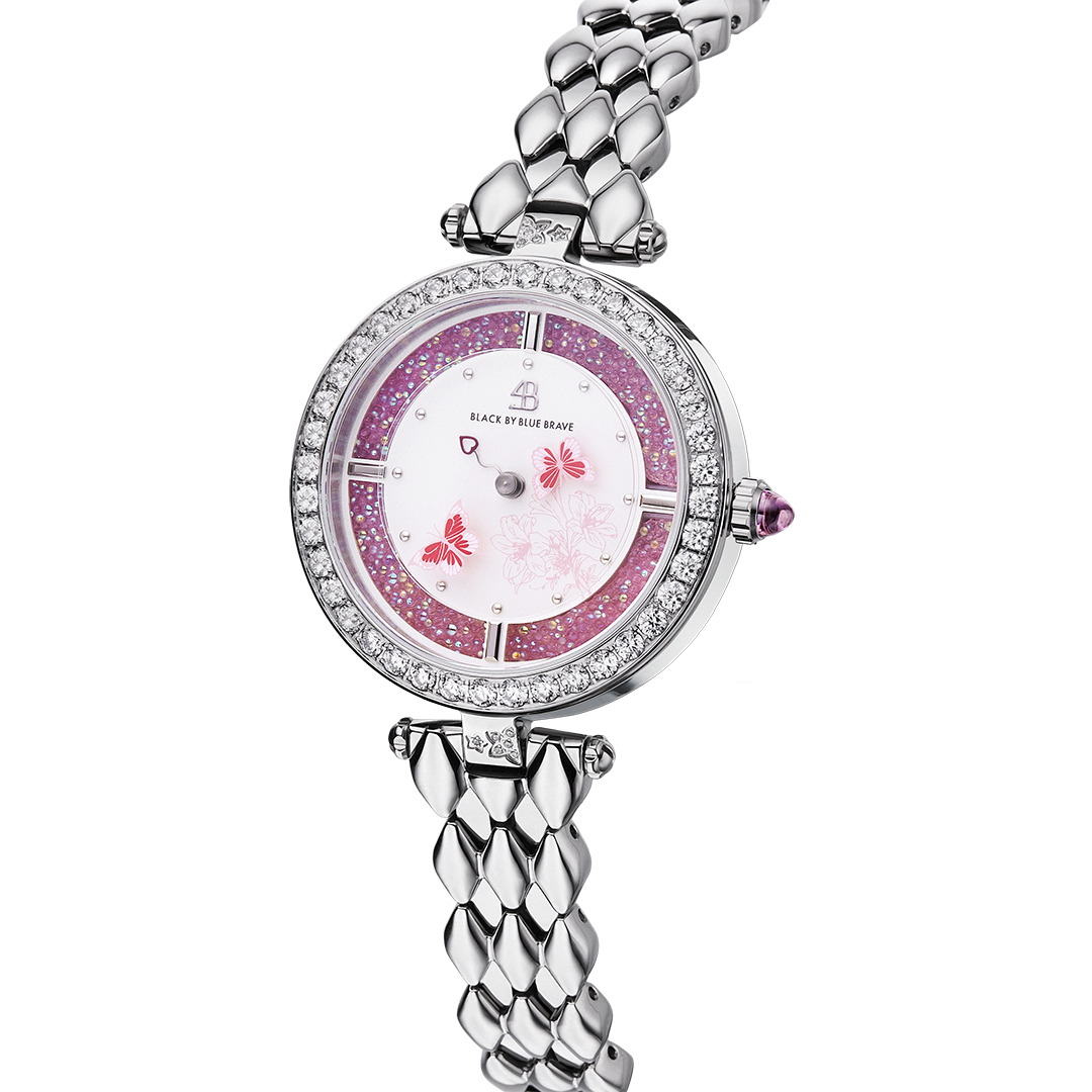 Butterfly Lovers 34mm Pink Dial Moving Butterfly Hands Silver Bracelet Watch - BLACK BY BLUE BRAVE