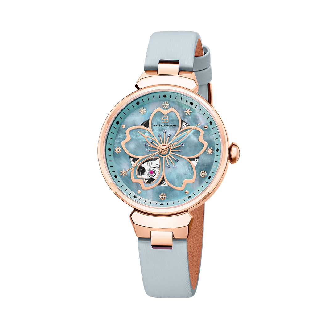 Cherry Blossom 36mm Blue Mother Of Pearl Dial Leather Strap Automatic Watch