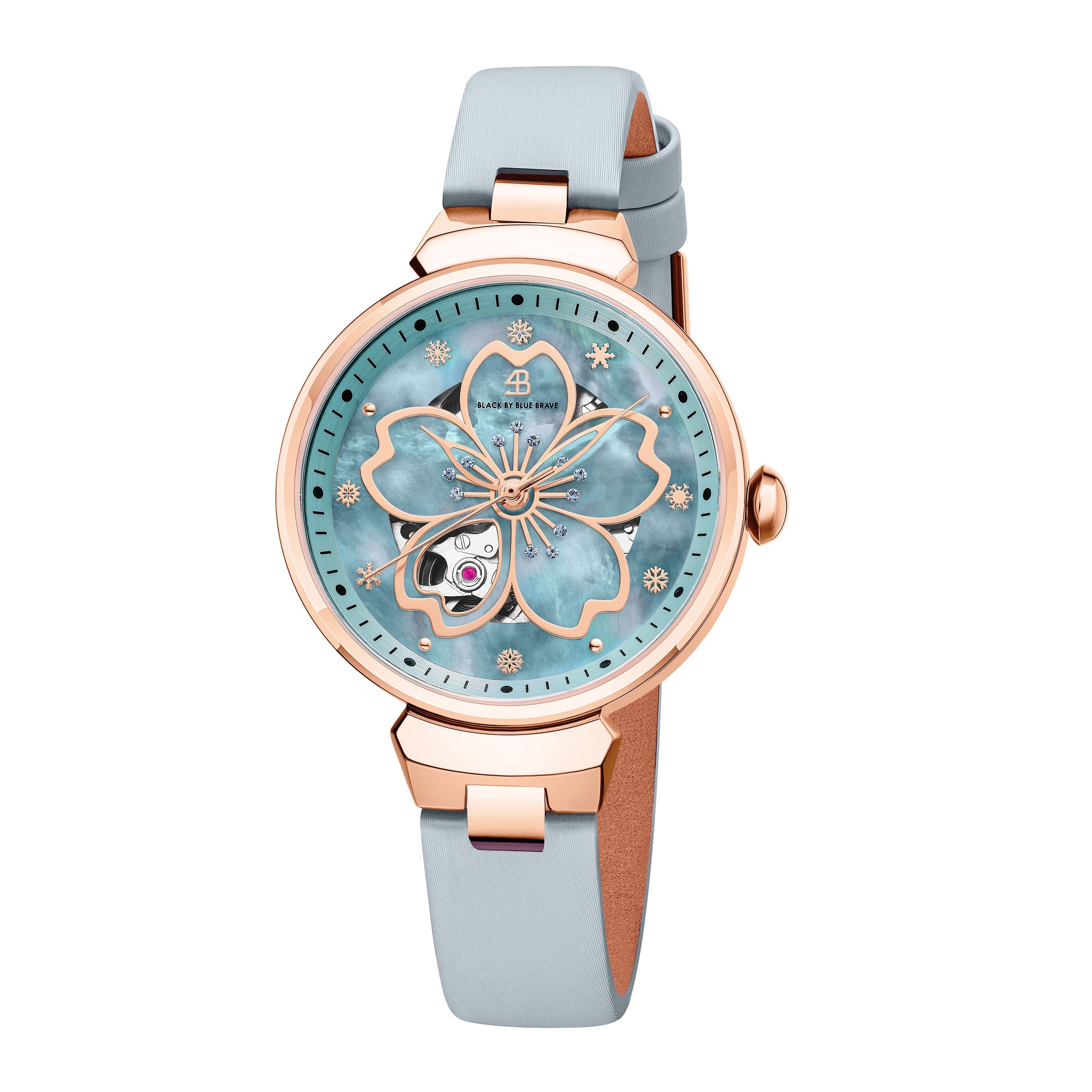 Blue Cherry Blossom 36mm Automatic Watch & Rosegold Flower Earrings & White Ceramic