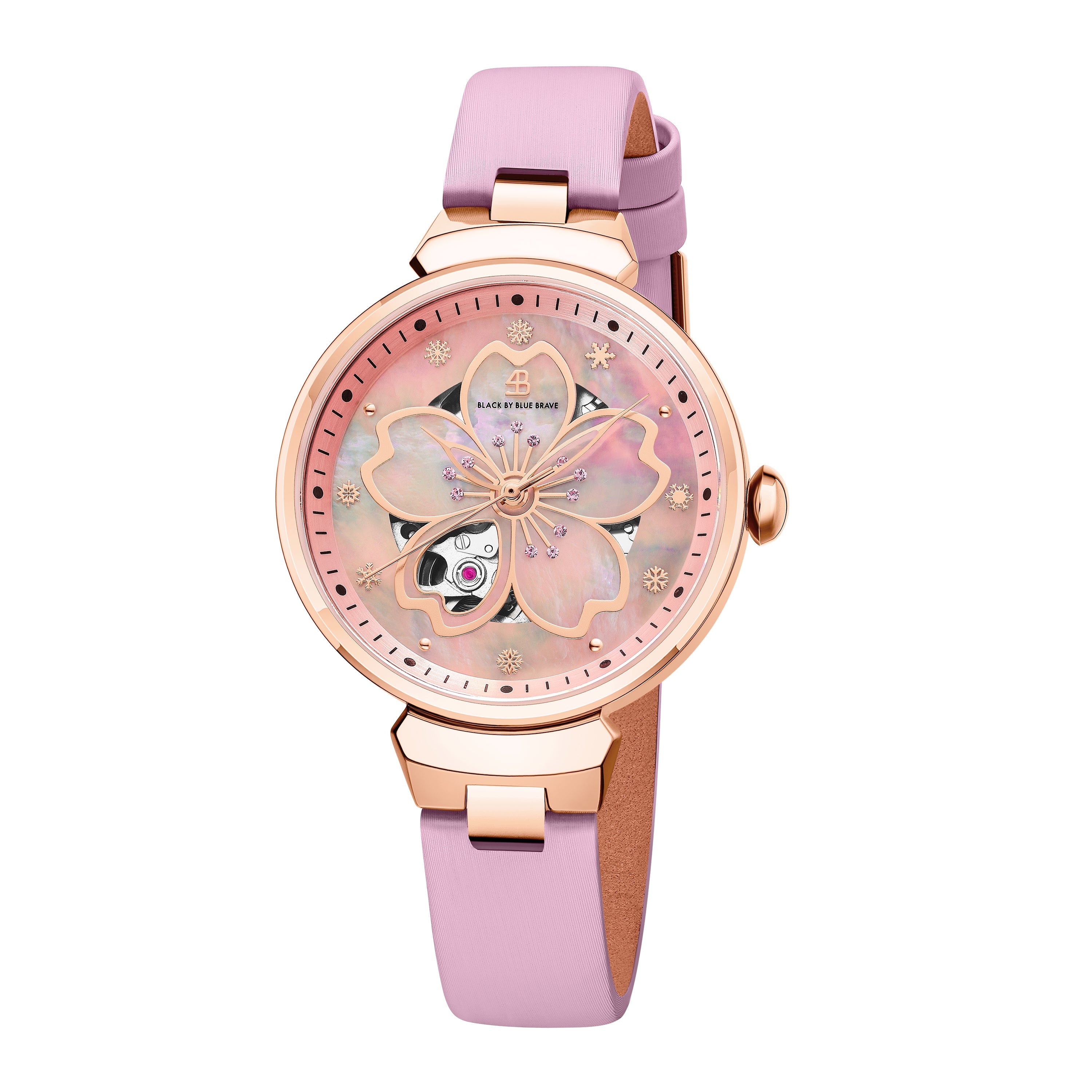 Pink Cherry Blossom 36mm Automatic Watch & Rosegold Flower Earrings & Pink Ceramic Ceramic